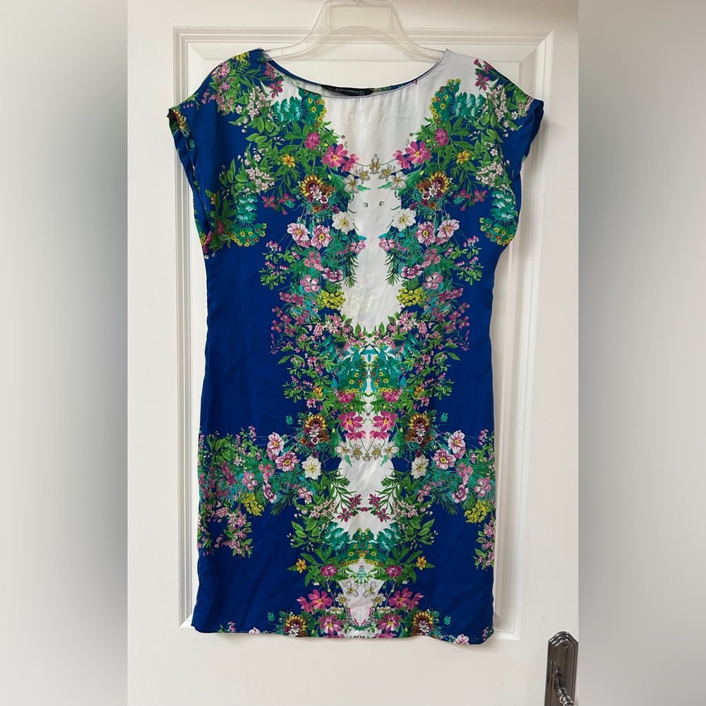 Zara Women Blue Floral-Print Silk-Style Cap-Sleeve Mini Tunic Dress - Small - Picture 6 of 8